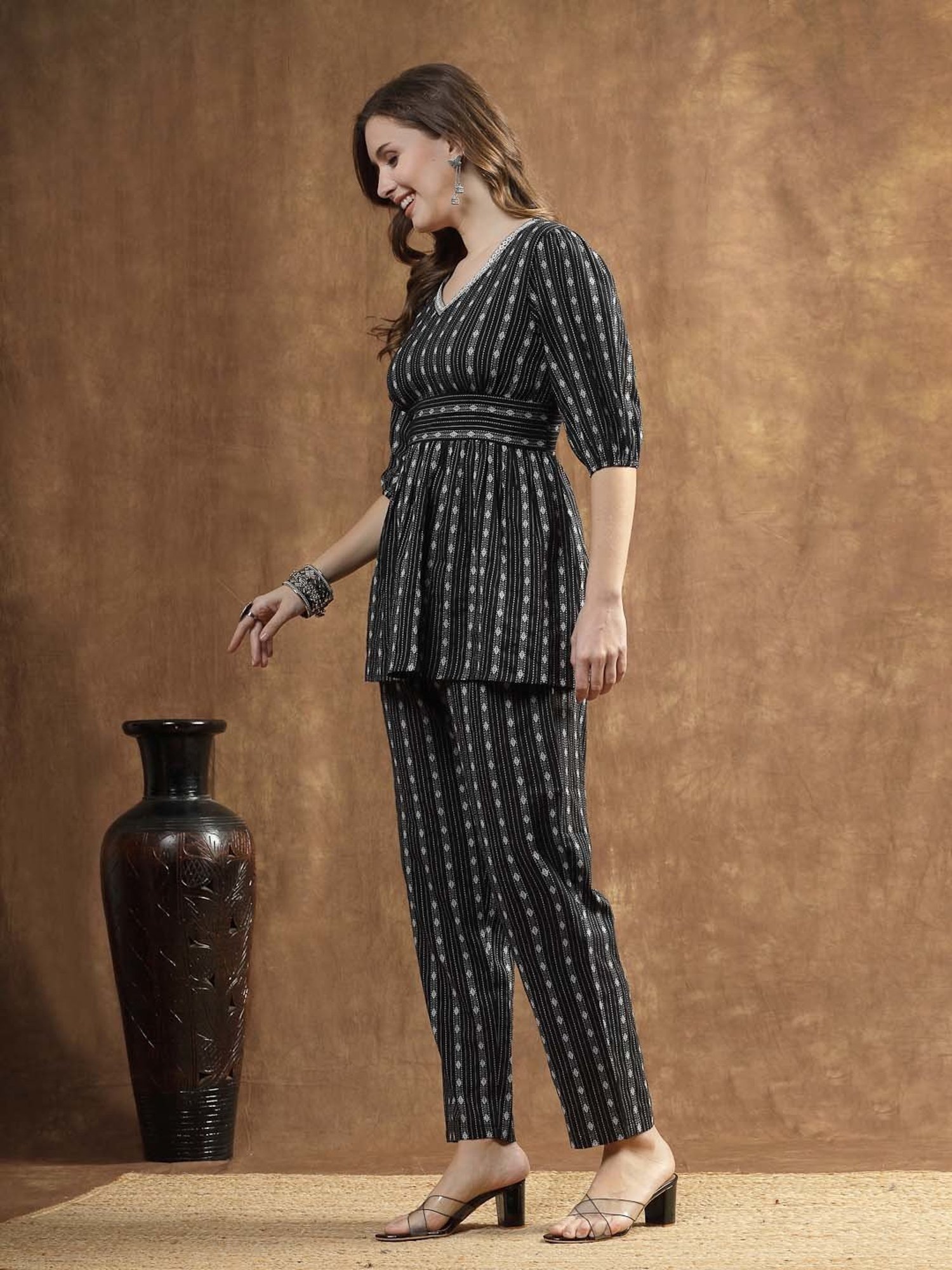 Stylum Black Cotton Embroidered Kurti Pant Set
