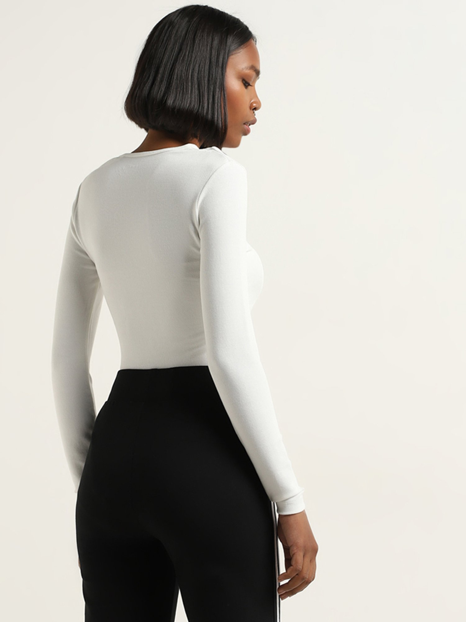 Studiofit by Westside Off-White Cut-Out Design Ribbed T-Shirt