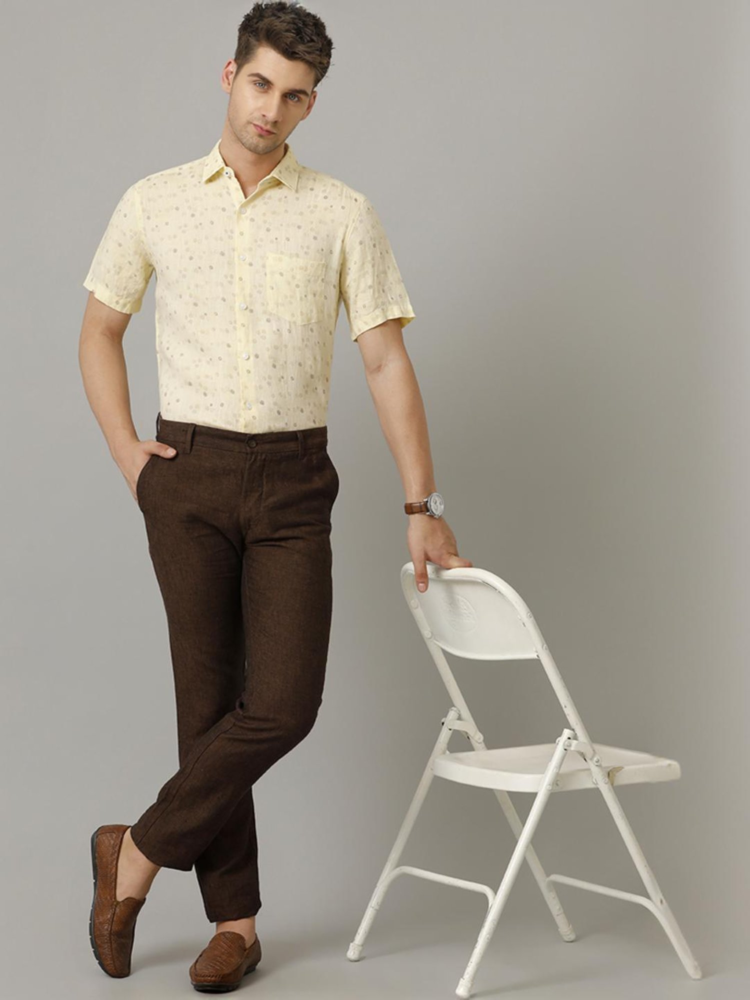 Linen Club Yellow Linen Contemporary Fit Printed Shirt