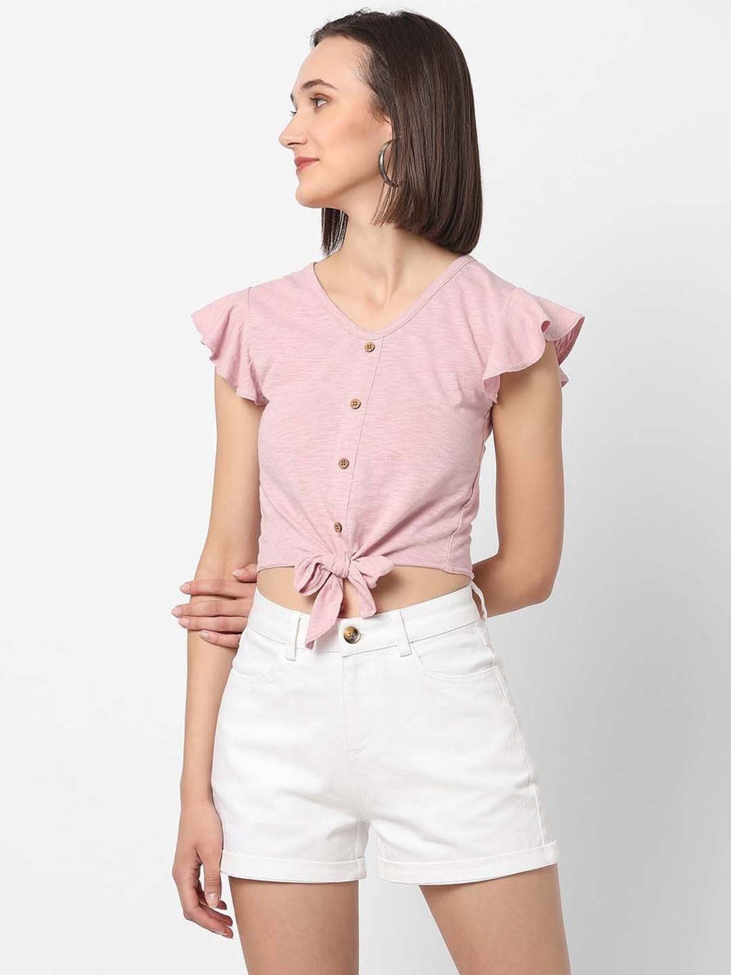 VASTRADO Pink Cotton V Neck Crop Top