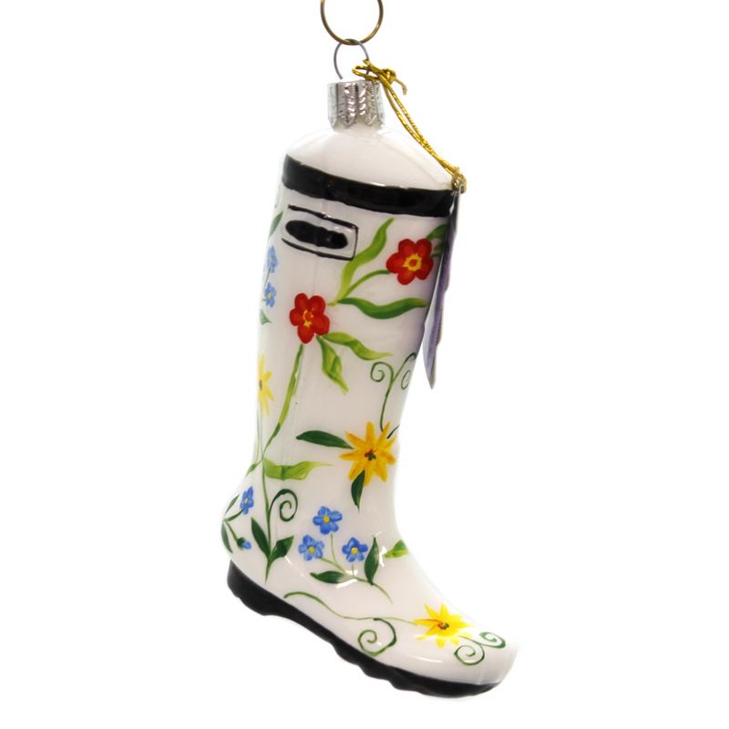 Holiday Ornaments 4.75" White Flower Boot Hand Painted  -  Tree Ornaments