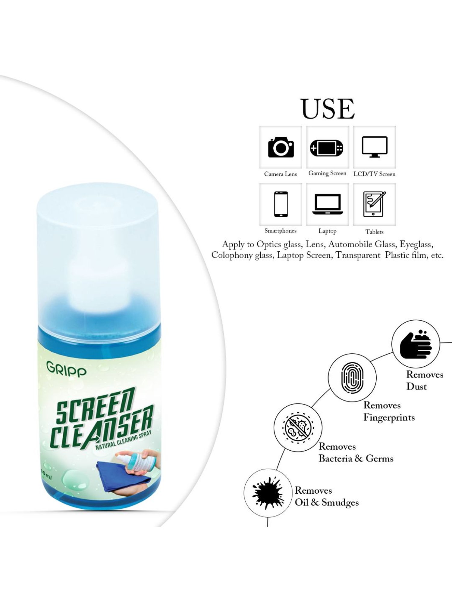 GRIPP 4 in 1 Professional Screen Cleaner Kit Includes Screen Cleanser Spray 150ml (Blue)