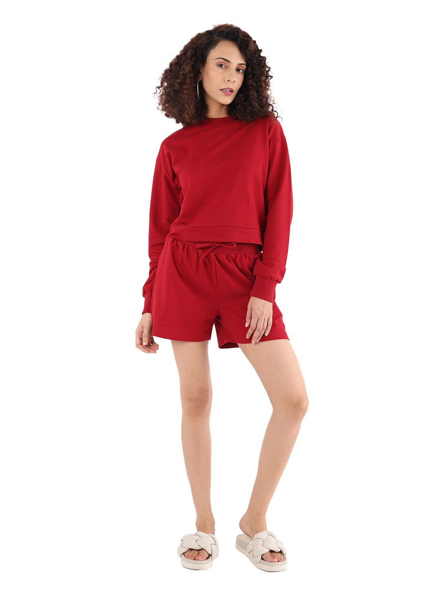 Nite Flite Maroon Cotton Crop Sweatshirt With Shorts