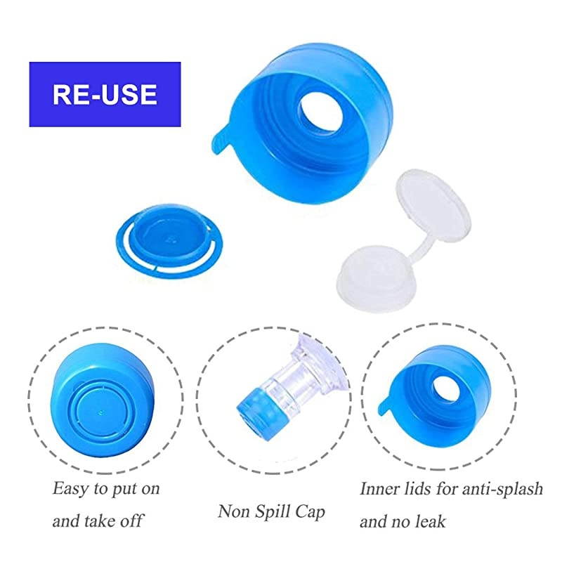 20 Pieces Non Spill Caps Anti Splash Bottle Caps Reusable for 55mm 3 and 5 Gallon Water Jugs with 2 Pieces Water Bottle HandleRandom Color