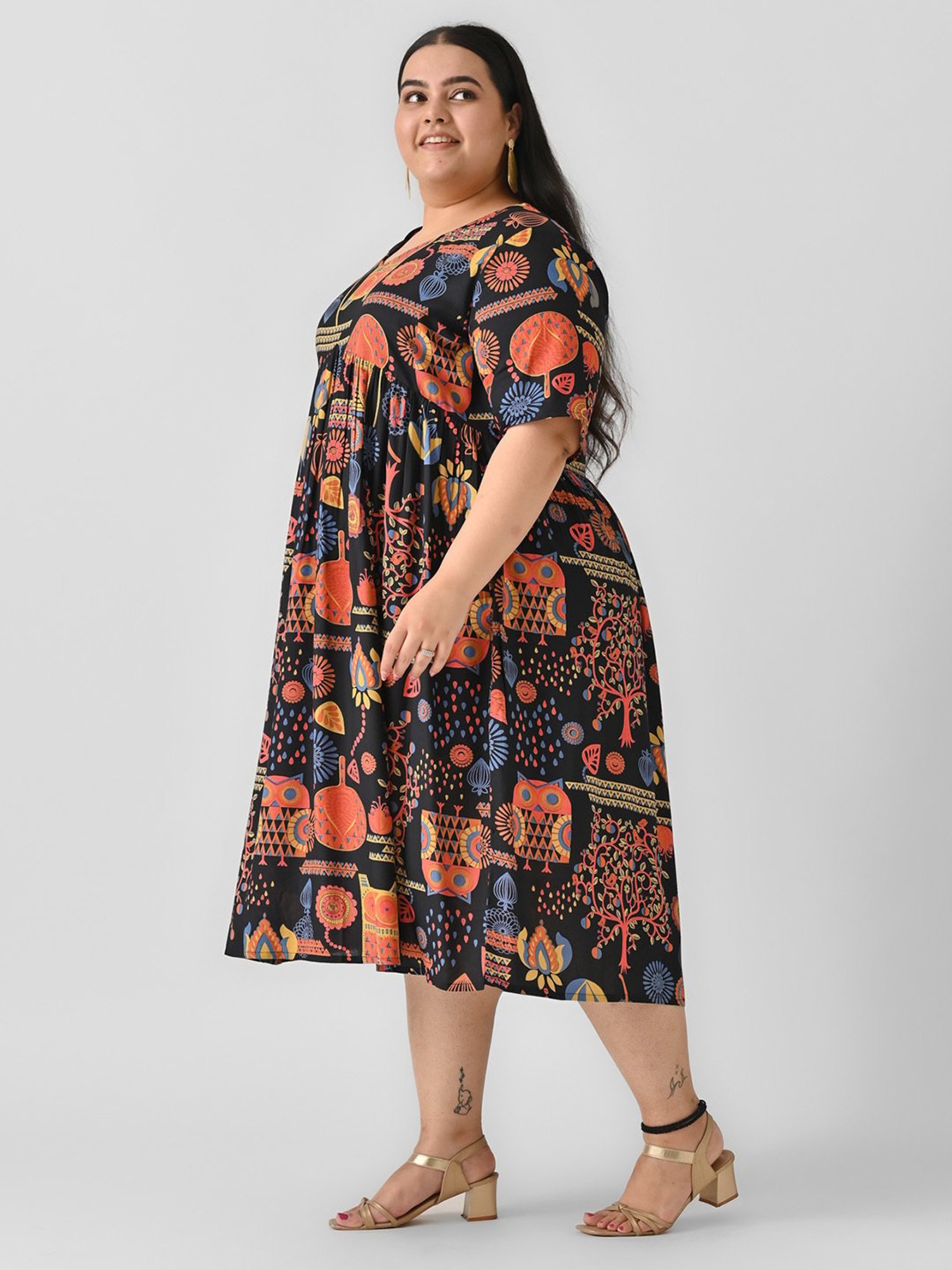 Rustorange Black Printed Ethnic Dress