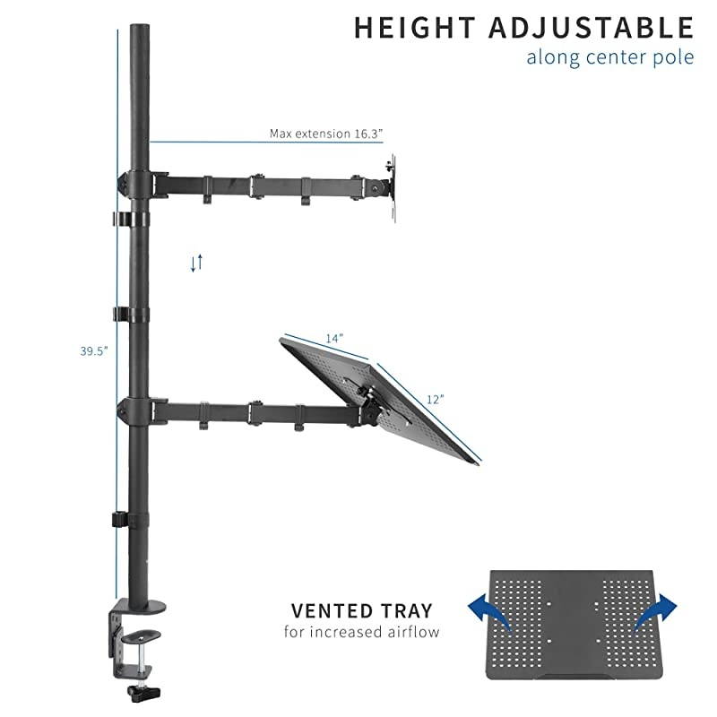Black Fully Adjustable 13 to 32 inch Single Computer Monitor and Laptop Desk Mount Combo, Stand with Grommet Option, Fits up to 17 inch Laptops STAND-V002C