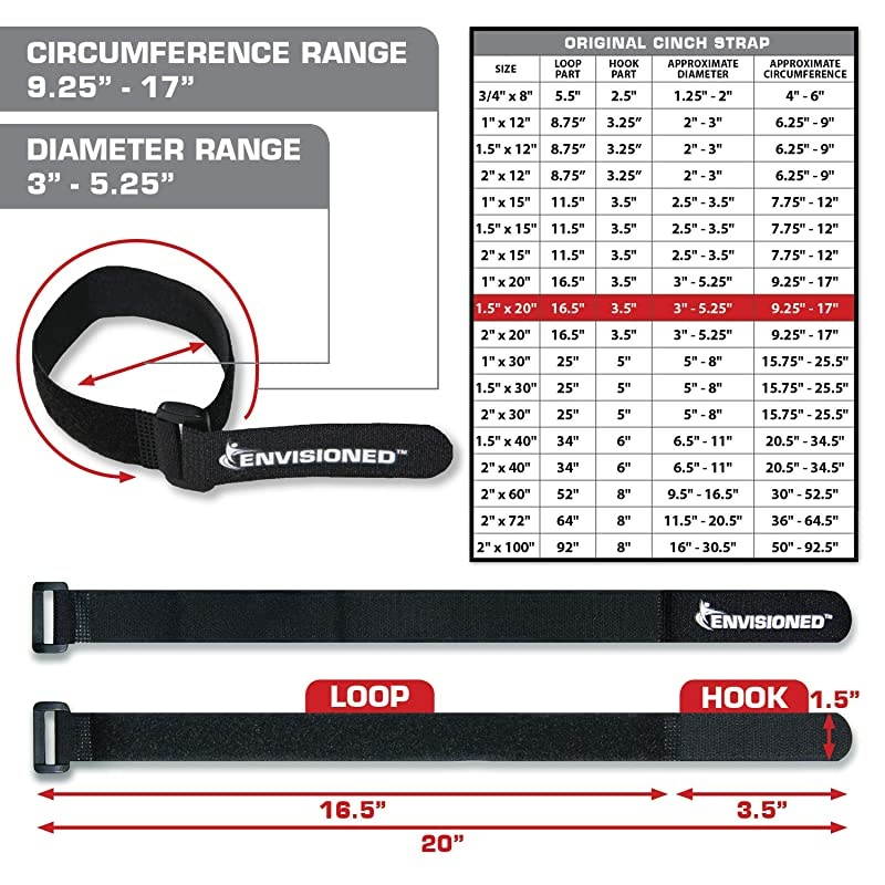 Cinch Straps 15 x 20 6 Pack Multipurpose Strong Gripping Quality Hook and Loop Securing Straps Black