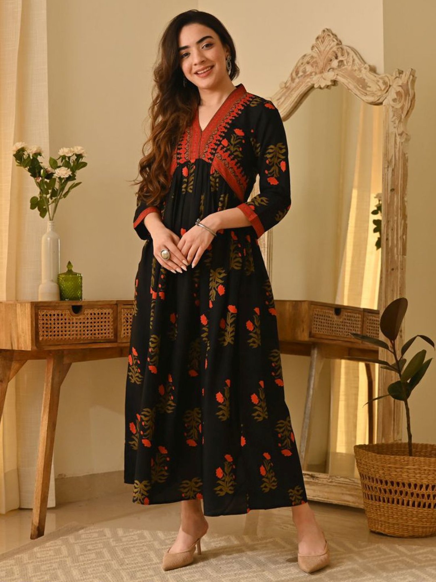 Rustorange Black Printed A-Line Dress