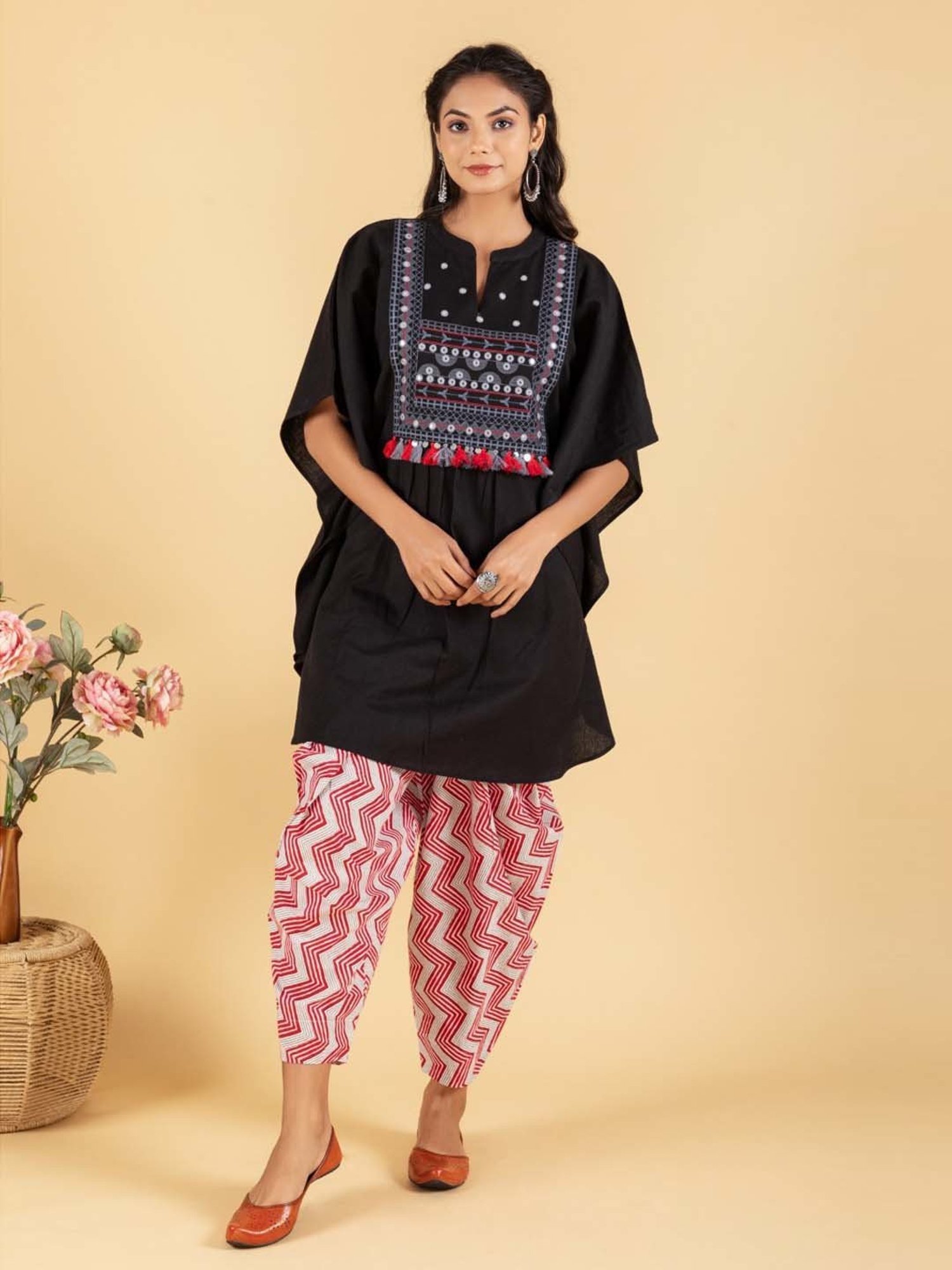 Ekohum Black, Red & White Mirror Embroidered Kaftan with Zig-Zag Print Dhoti