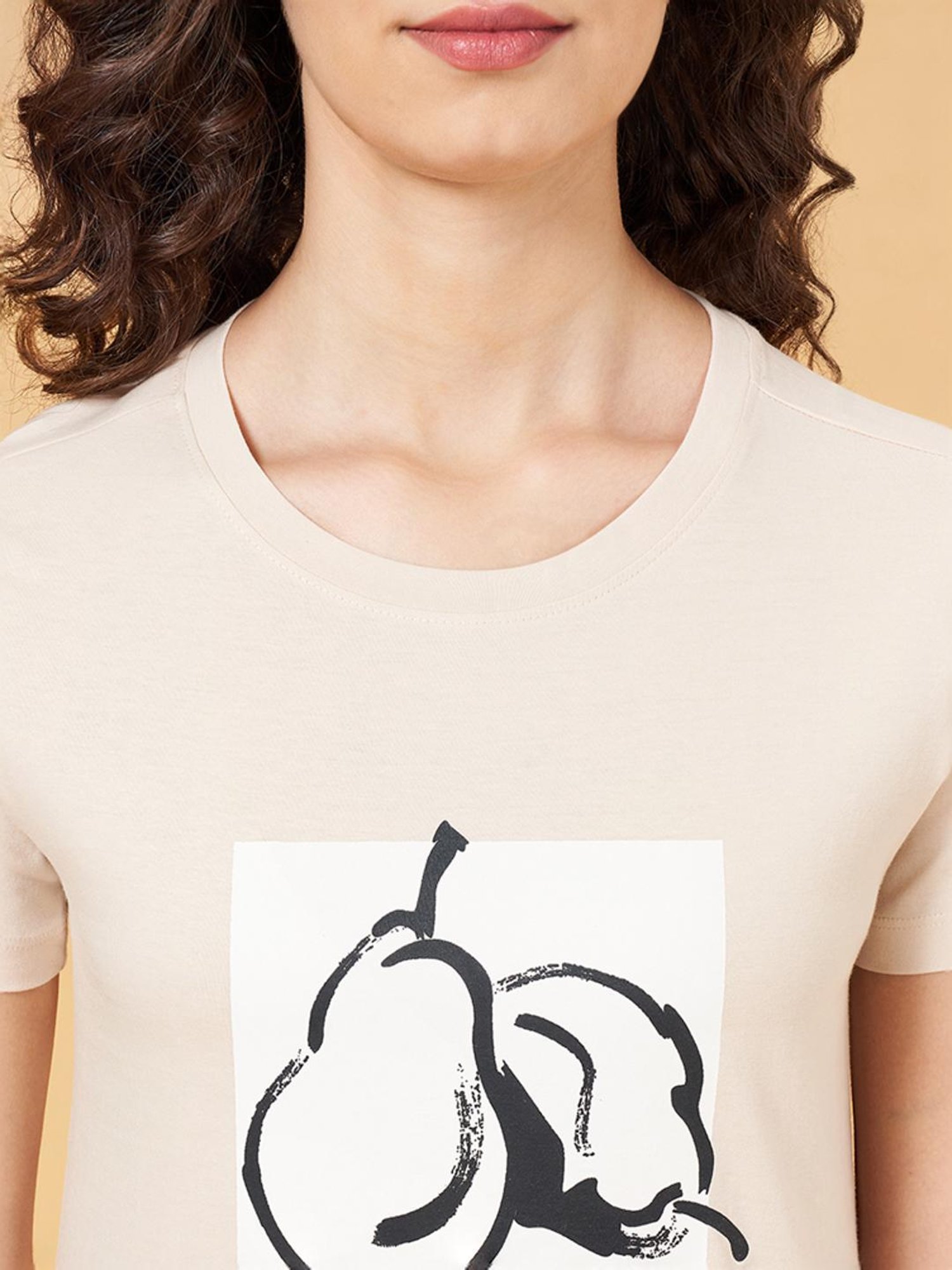 Honey by Pantaloons Beige Cotton Printed T-Shirt