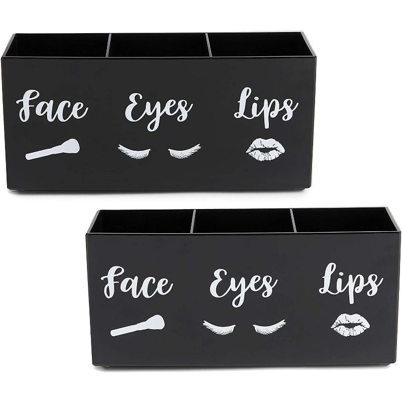Glamlily 2 Pack 3 Slot Black Acrylic Makeup Brush Holders, Face Eyes Lips (7.9 x 3.75 x 2.8 in)