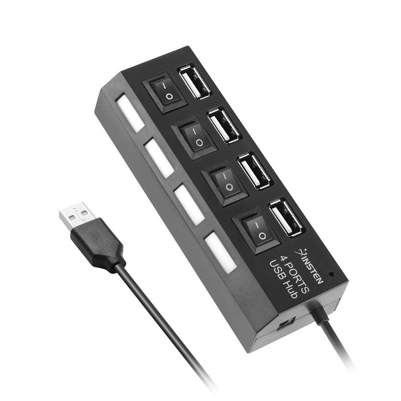Insten 4-Port USB 2.0 Hub with Individual On Off Power Switches and LEDs