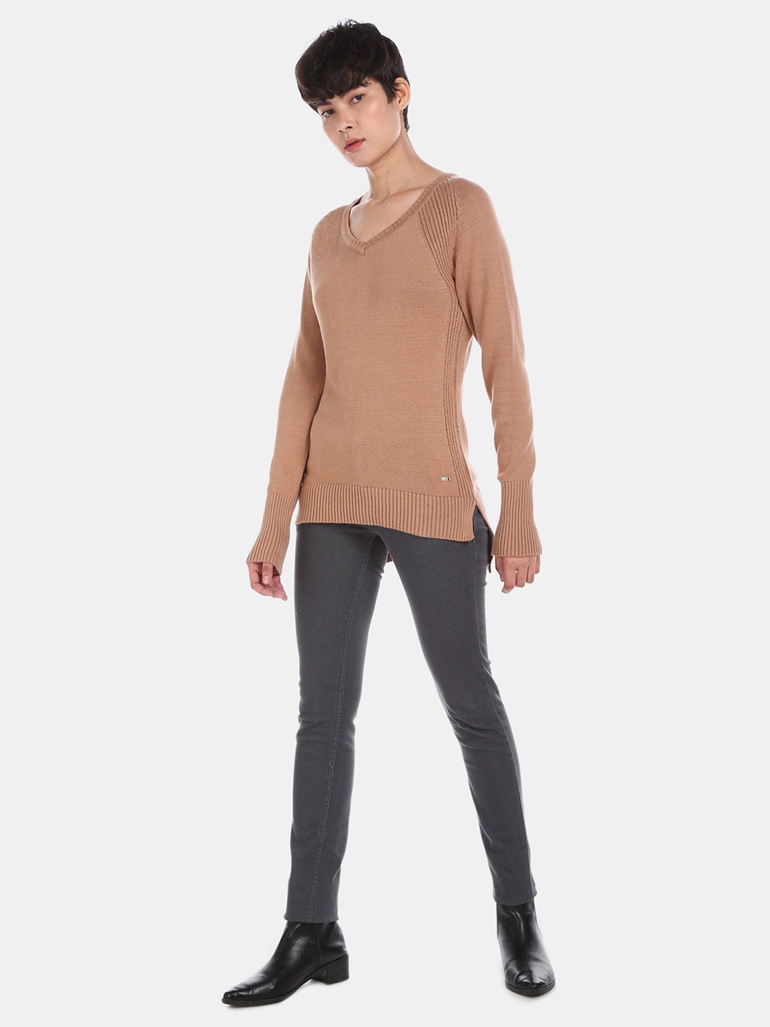 U.S. Polo Assn. Brown Self Design V Neck Sweater