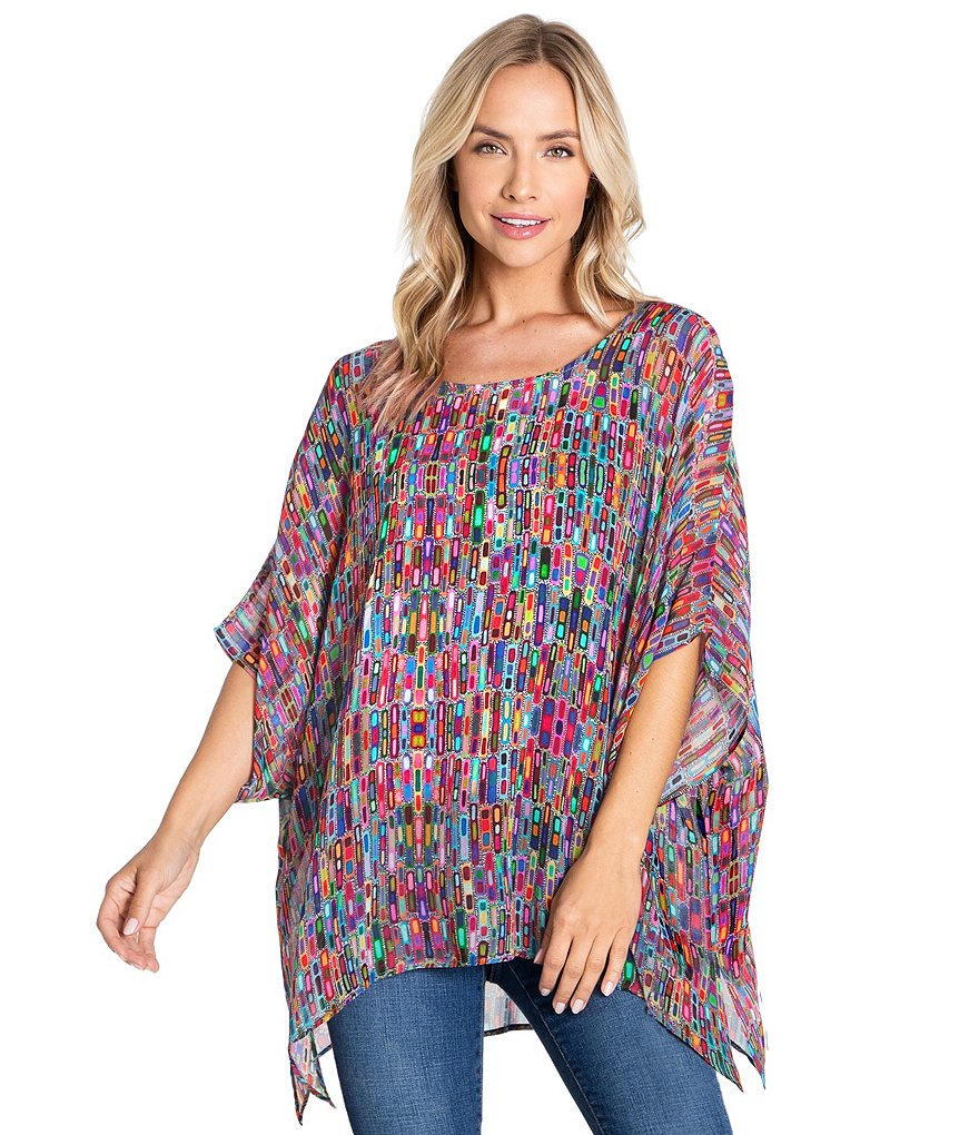Ali Miles Abstract Print Chiffon Dolman Sleeve Poncho