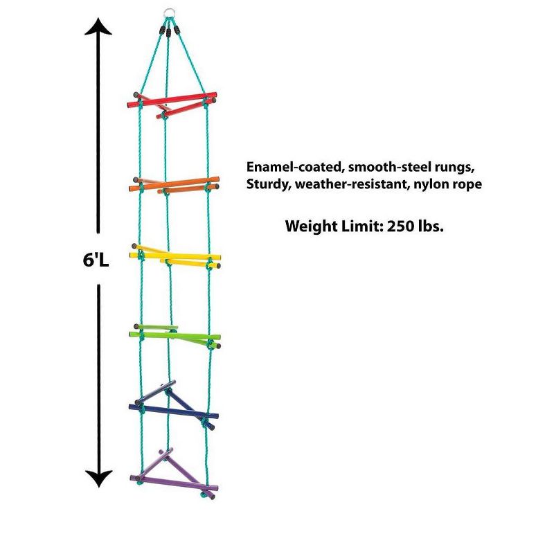 HearthSong Rainbow Triangle Weather-Resistant Kids' Rope Climbing Ladder with Colorful Metal Rungs and Nylon Rope