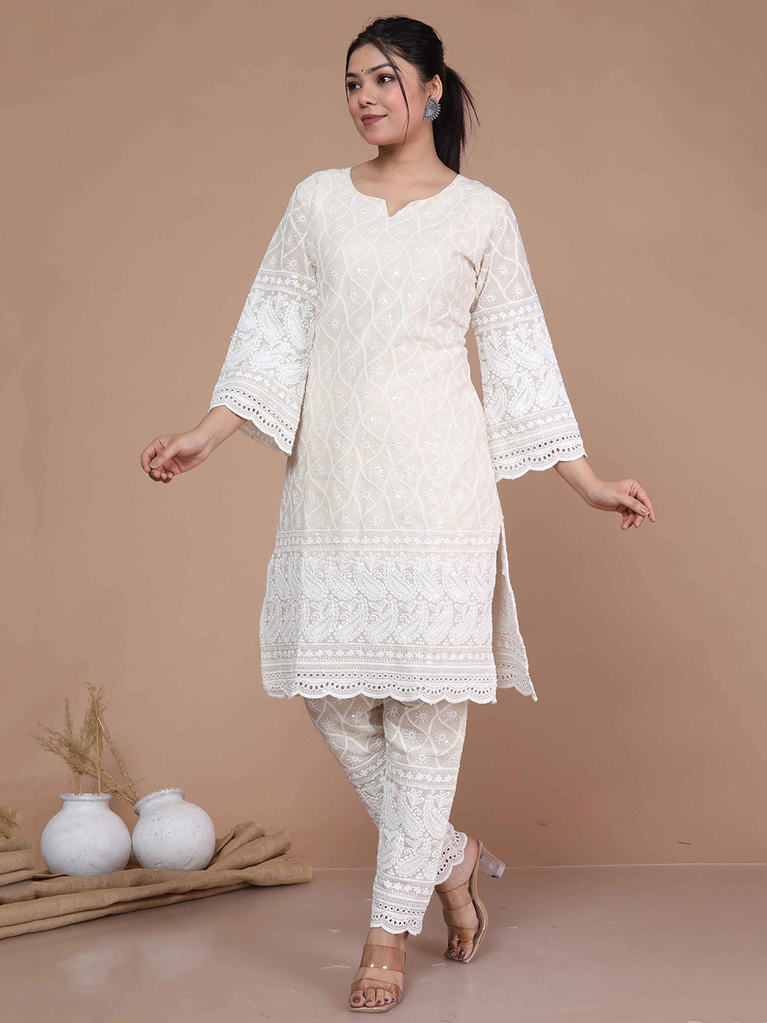 Miravan Beige Embroidered Kurta Pant Set