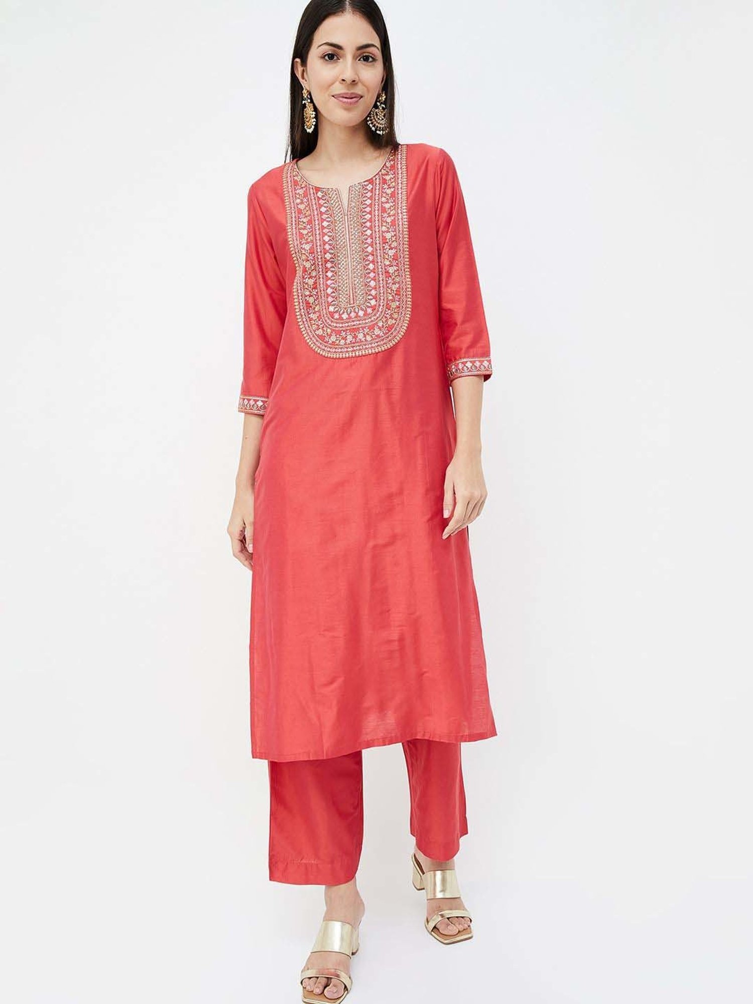 Melange by Lifestyle Red Embroidered Kurta Pant Set With Dupatta