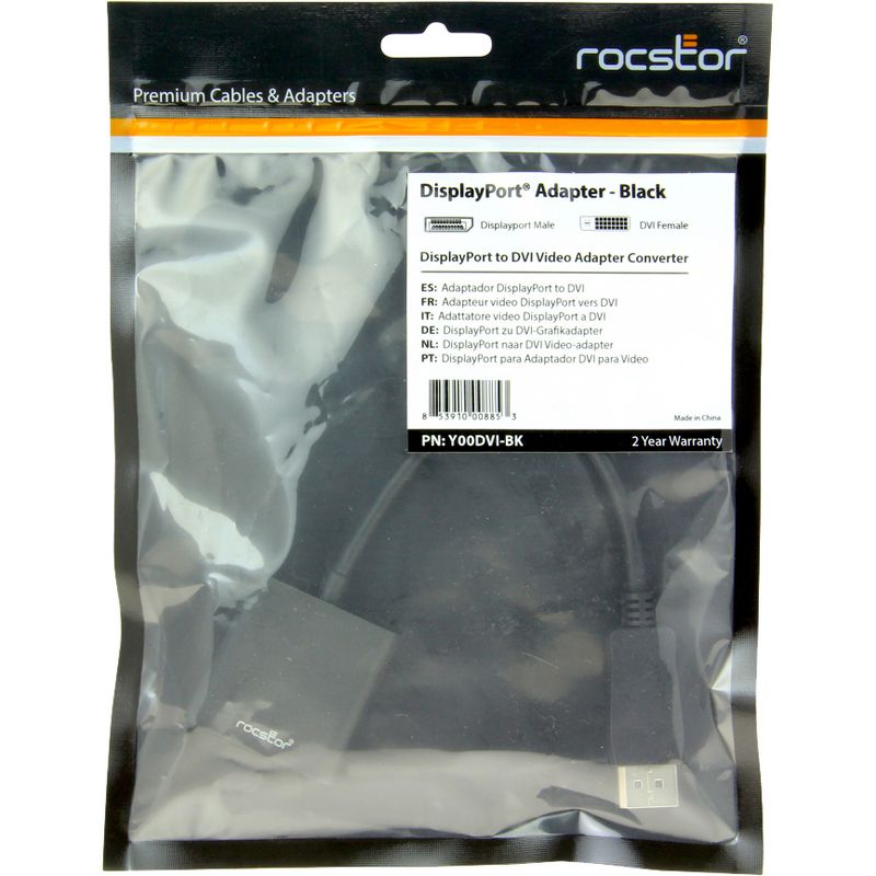 Rocstor DisplayPort to DVI Adapter - 7.90" DisplayPort/DVI Video Cable for Audio/Video Device - First End: 1 x DisplayPort Male Digital Audio/Video