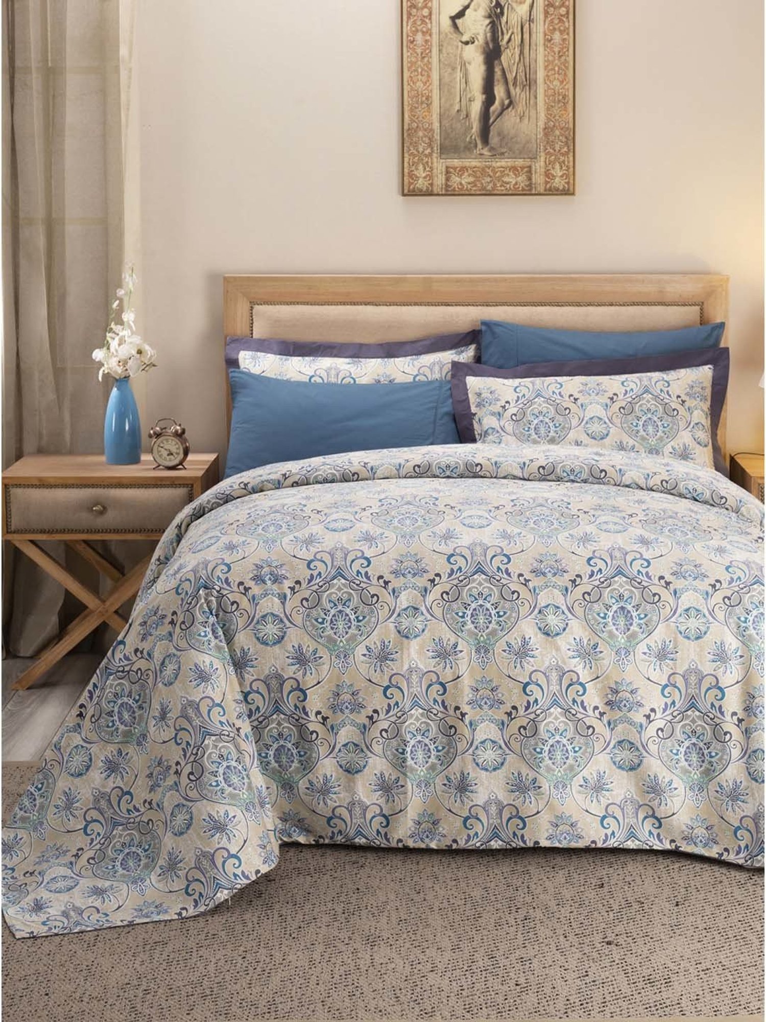 Maspar Hues Nouveau Tradition Lawn Rerun Blue Cotton 300 TC King Duvet Cover & 2 Pillow Covers