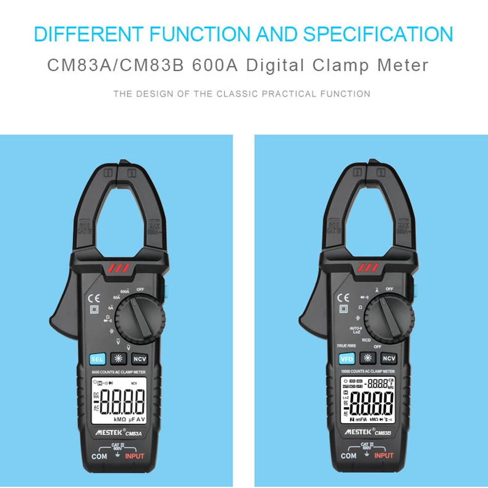 MESTEK Digital Clamp Meter 600A AC Current 600V AC/DC Voltage Capacitance Measurement Data Hold Backlight NCV Tester Multimeter