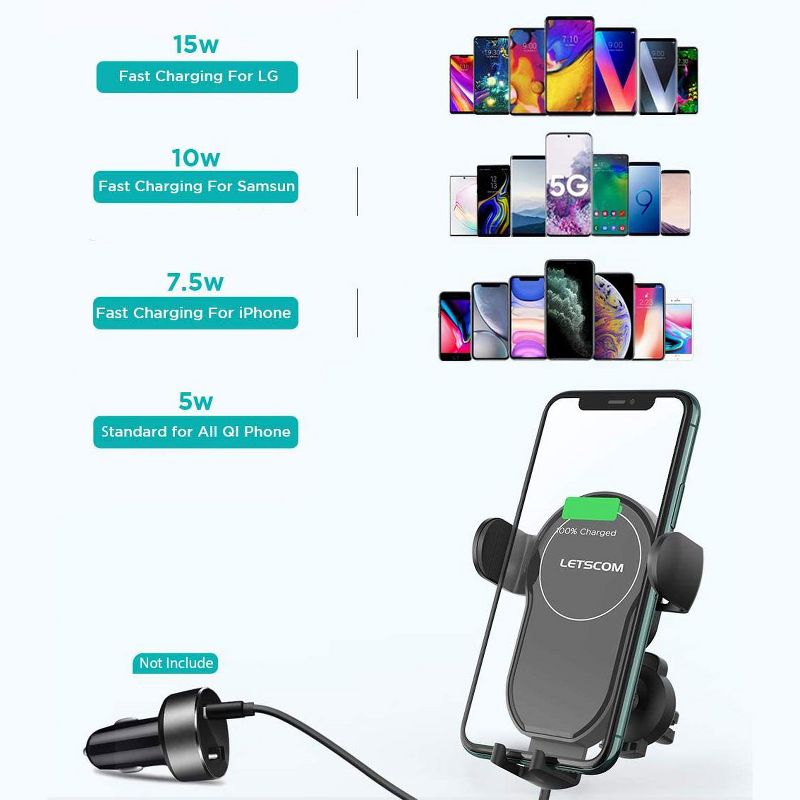 LETSCOM Wireless Car Charger,15W Qi Fast Charging Car Charger Mount Auto-Clamping Air Vent Phone Holder Compatible with iPhone 1212 Pro1111 ProPro MaxXSXRX88+, Samsung etc - One X - Black