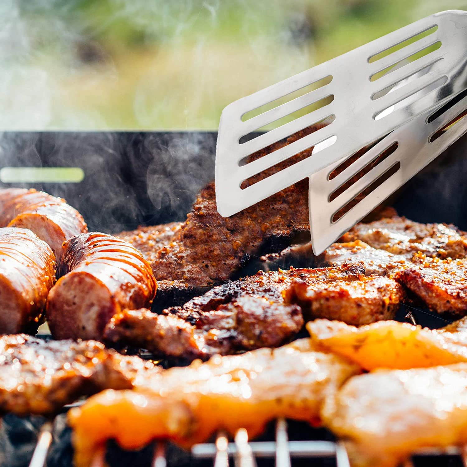 Yukon Glory Premium Stainless-Steel, Rubber-Grip Tongs-Spatula, Perfect for Grilling, Cooking, Frying, and Griddling