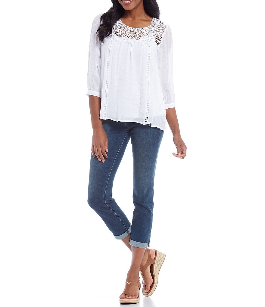 Figueroa & Flower Petite Size Sadie Lace Yoke 3/4 Peasant Sleeve Popover Blouse