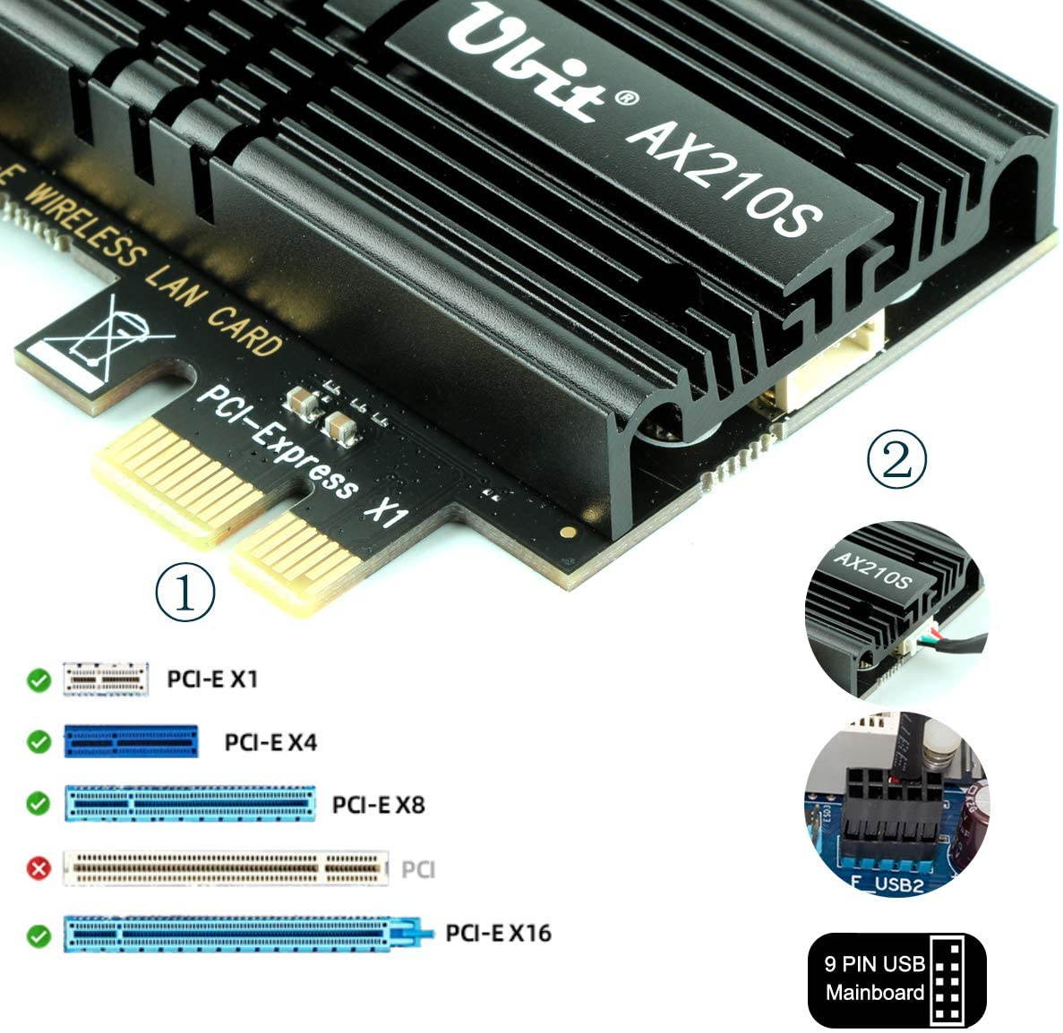 WiFi 6E Supports 6GHz 7th Generation PCIe WiFi Card, Up to 5400Mbps, Bluetooth 5.2, AX210 Wireless WLAN Adapter with MU-MIMO,OFDMA,Ultra-Low Latency, Supports Windows 10 (64bit) only