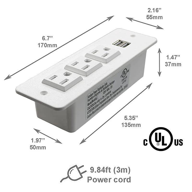 Recessed Power Strip with USB Mountable Power Outlet Built in Desktop Workbench Drawer Cabinet 10'ft Heavy Duty Power Cord White