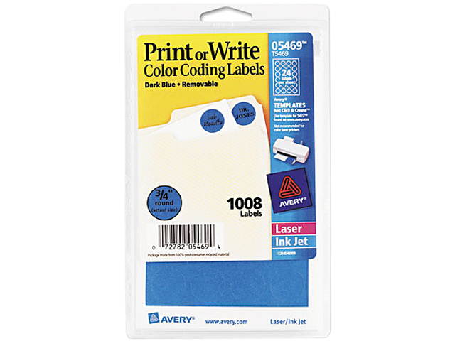 Avery 05469 Print or Write Removable Color-Coding Labels, 3/4in dia, Dark Blue, 1008/Pack