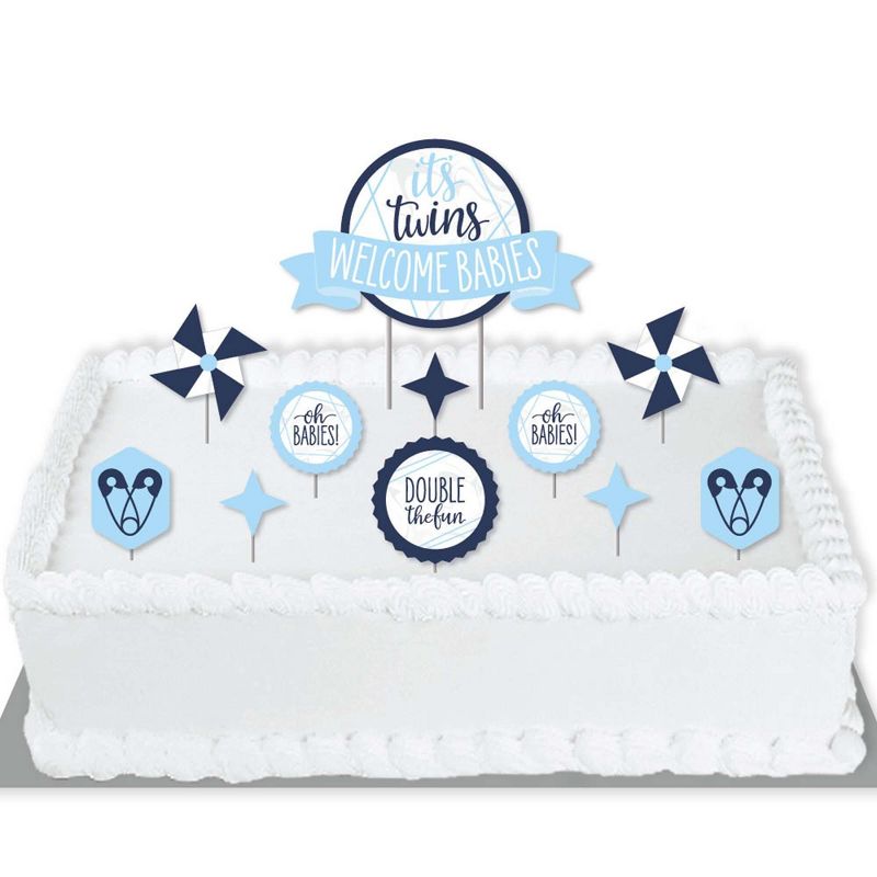 Big Dot of Happiness It's Twin Boys - Blue Twins Baby Shower Cake Decorating Kit - Welcome Babies Cake Topper Set - 11 Pieces
