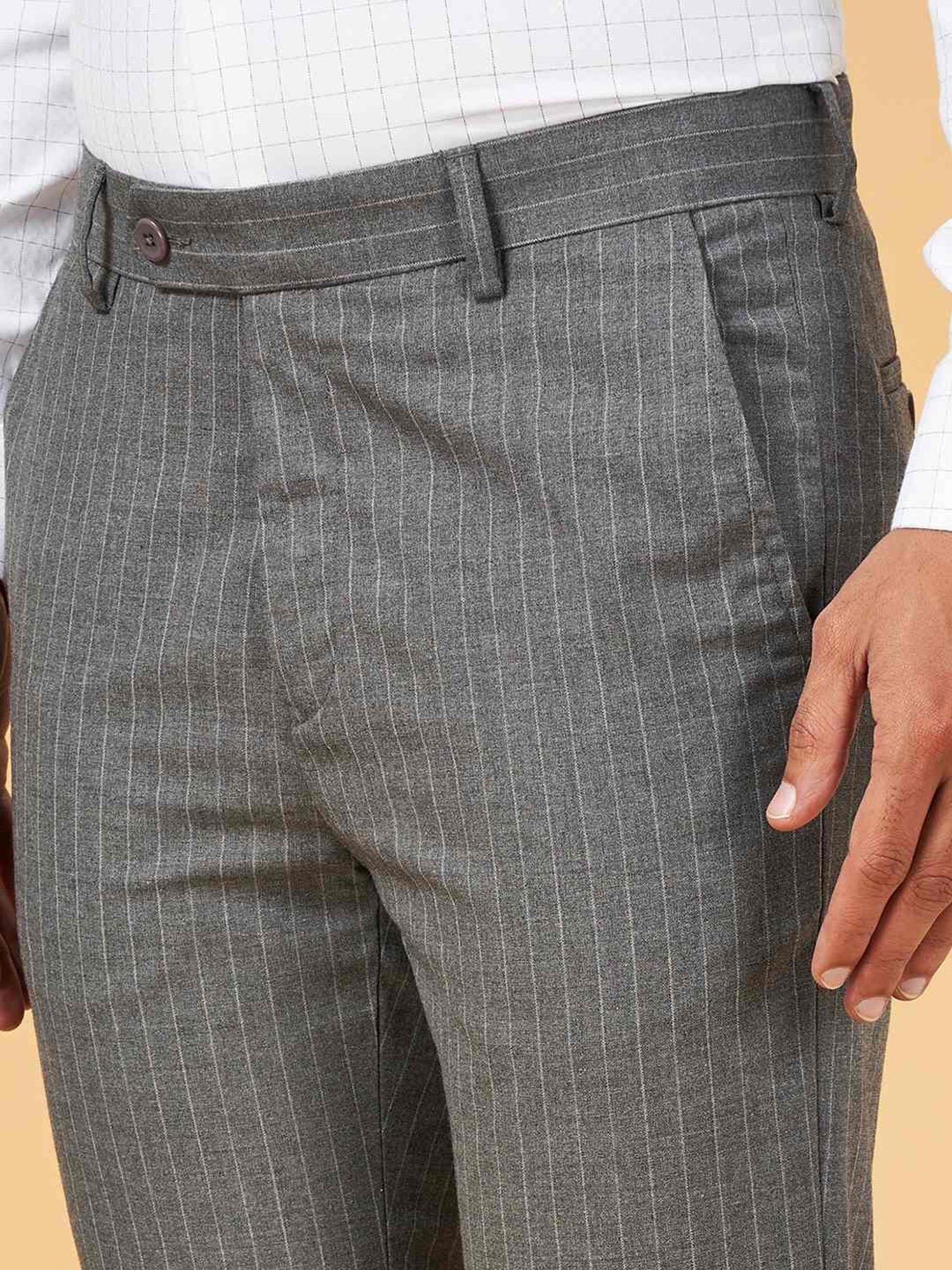 Byford by Pantaloons Grey Melange Slim Fit Striped Trousers