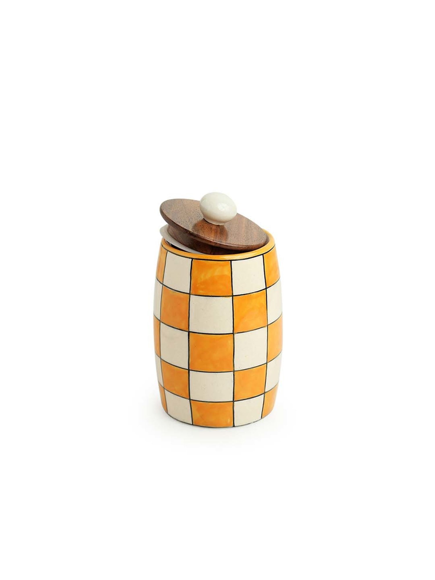ExclusiveLane 'Shatranj Check' Hand-painted Storage Jars (Non-airtight, Set of 2, 600 ML, 6.1 Inch)