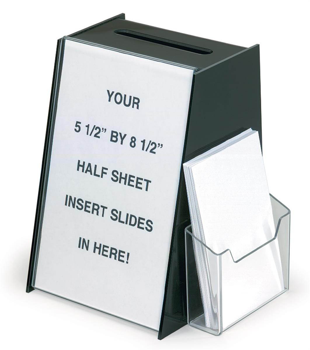 Acrylic Ballot Box with Holder for 5.5 by 8.5 Inch Sign and a Brochure Pocket - Black (RBHSLHWM44)
