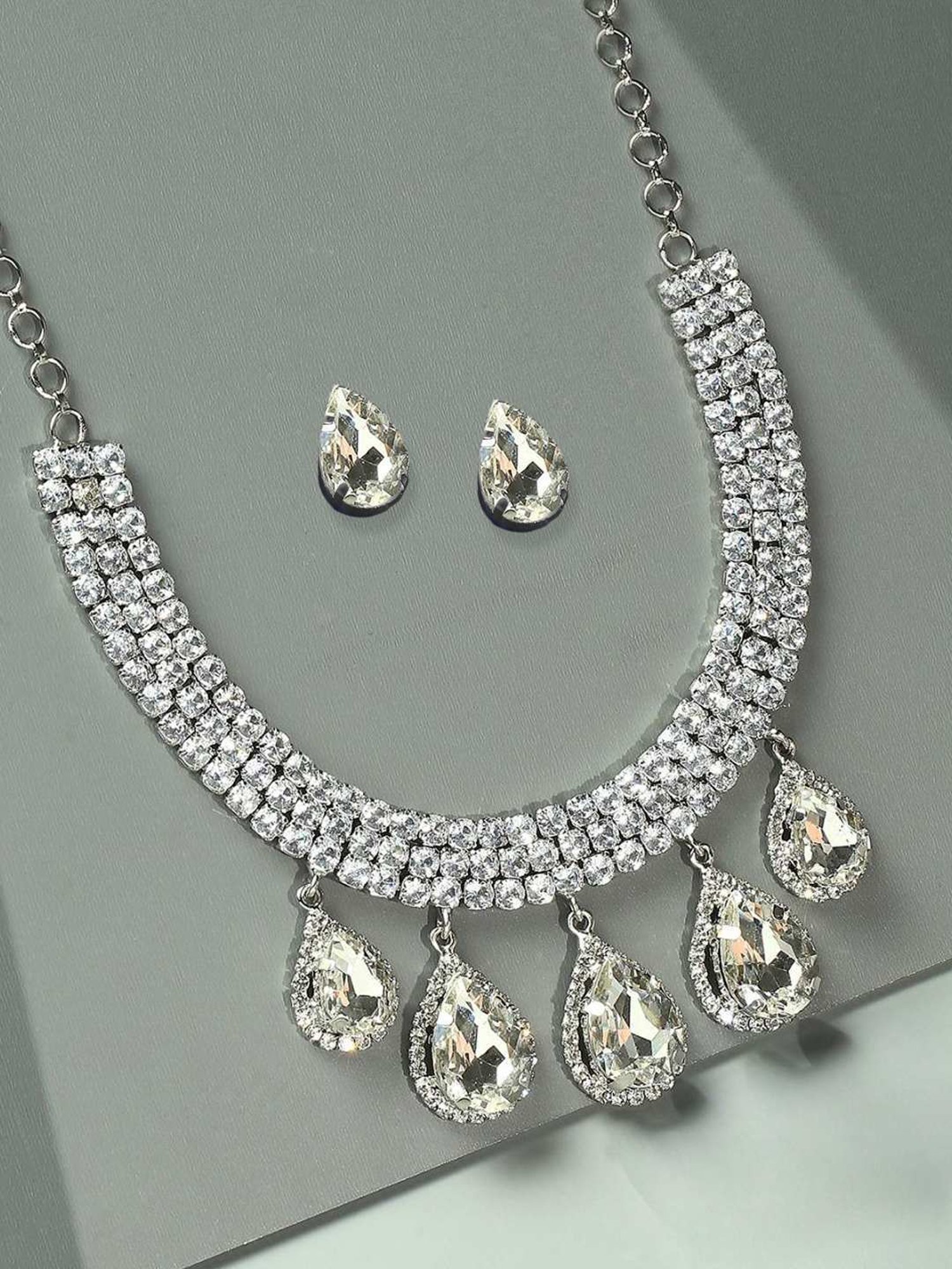 OOMPH Silver Cubic Zirconia Teardrop Statement Pendant Choker Set