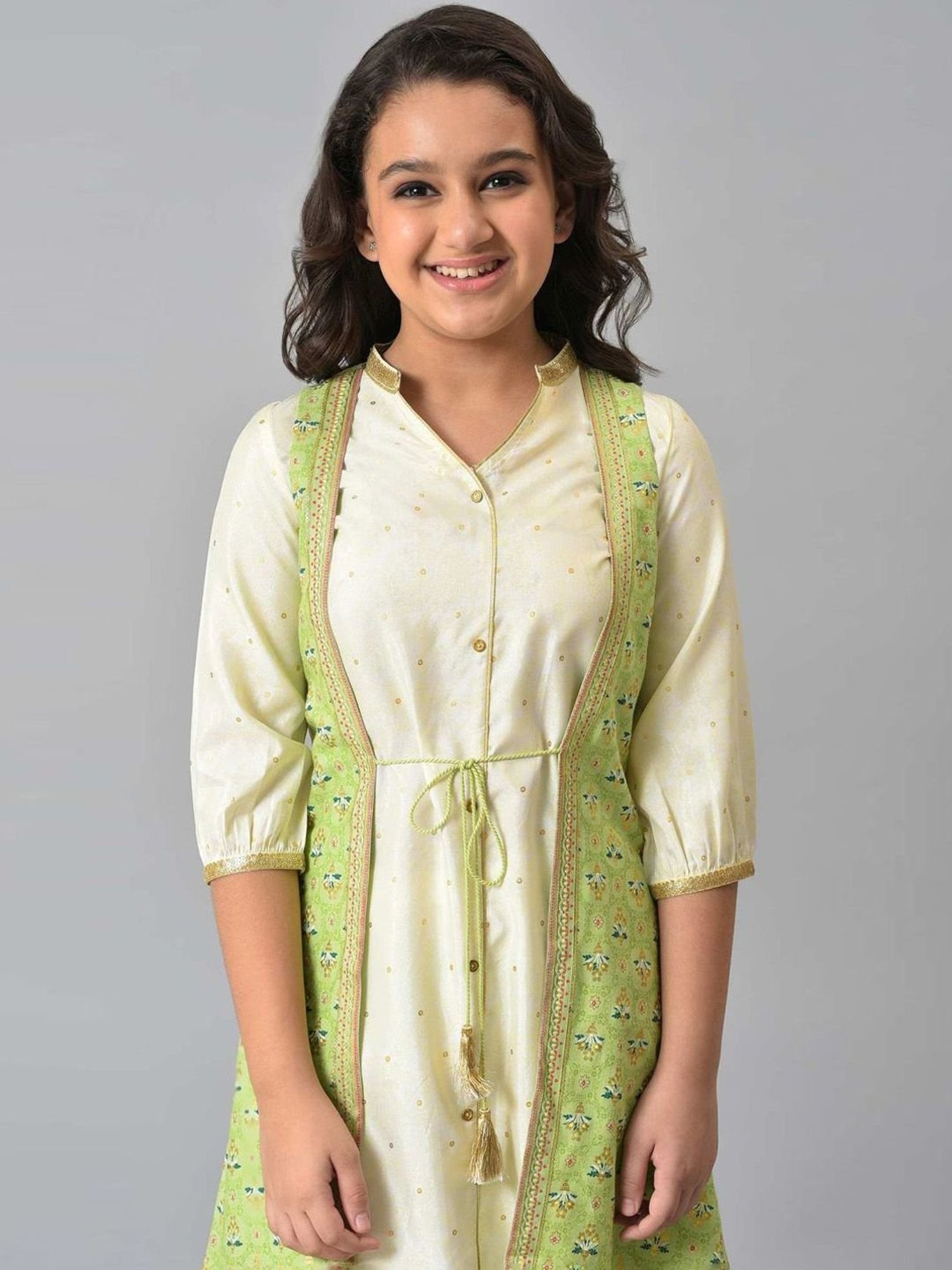 Aurelia Kids Green & Cream Printed Kurta Set