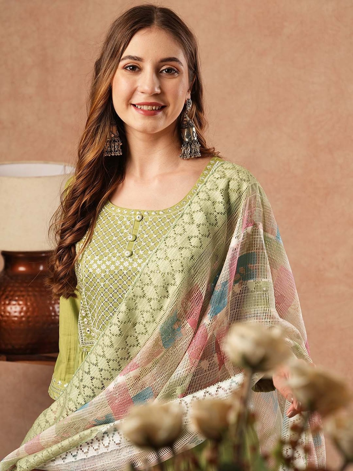 Fashor Green Plain Kurta & Pants Set with Dupatta