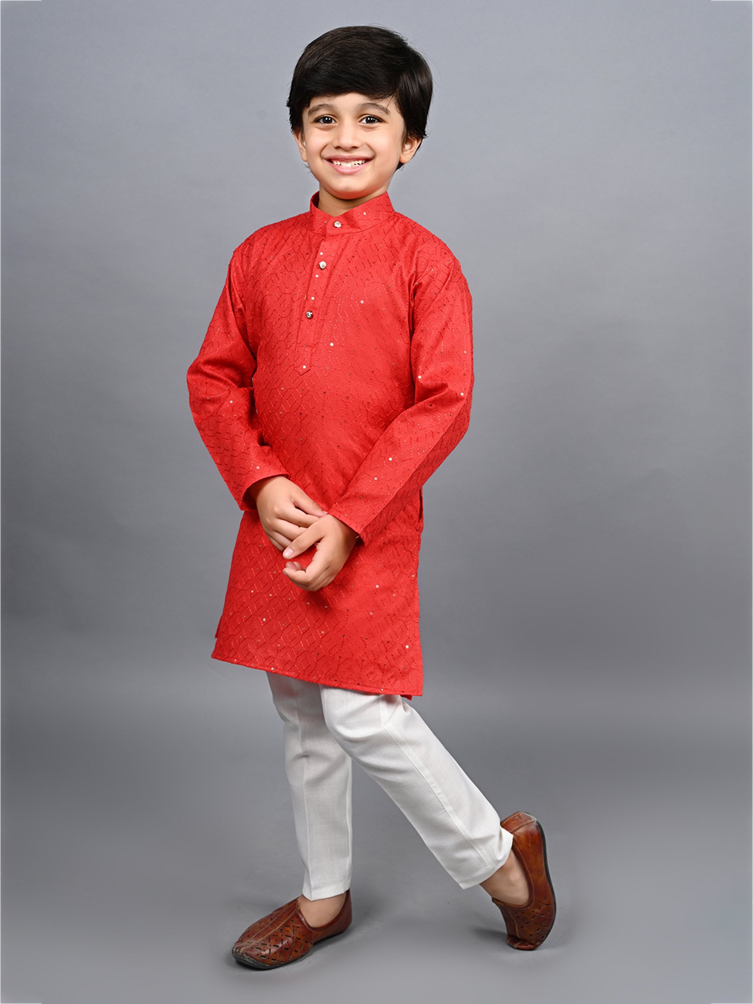 Ahhaaaa Kids Red & White Embellished Full Sleeves Kurta With Pyjamas