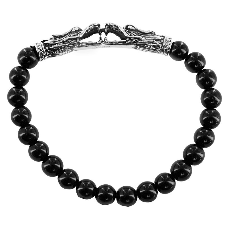 Men's Crucible Stainless Steel Onyx Antiqued Finish Dragon Beaded Stretch Bracelet (8mm) - Black/Silver (8.5")
