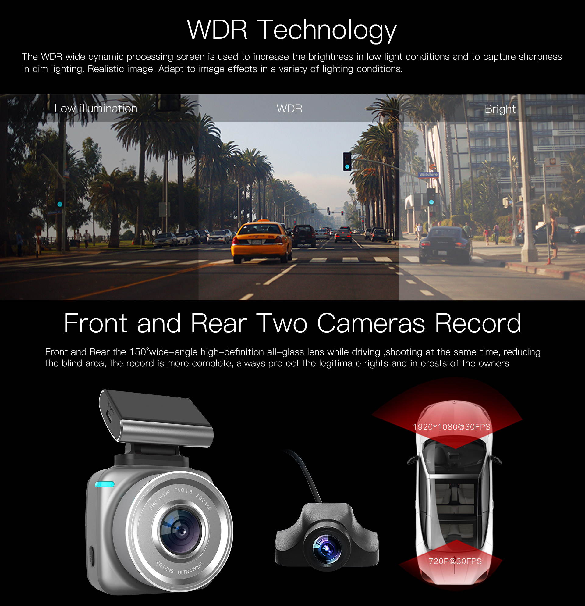 Q2 Back-pull Car DVR Camera 1080p HD Dash Cam Recorder 150 Degree Wide-angle Main Lens Car DVR