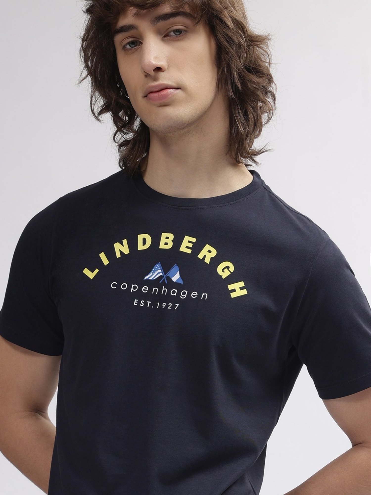 Lindbergh Blue Cotton Regular Fit Printed T-Shirt
