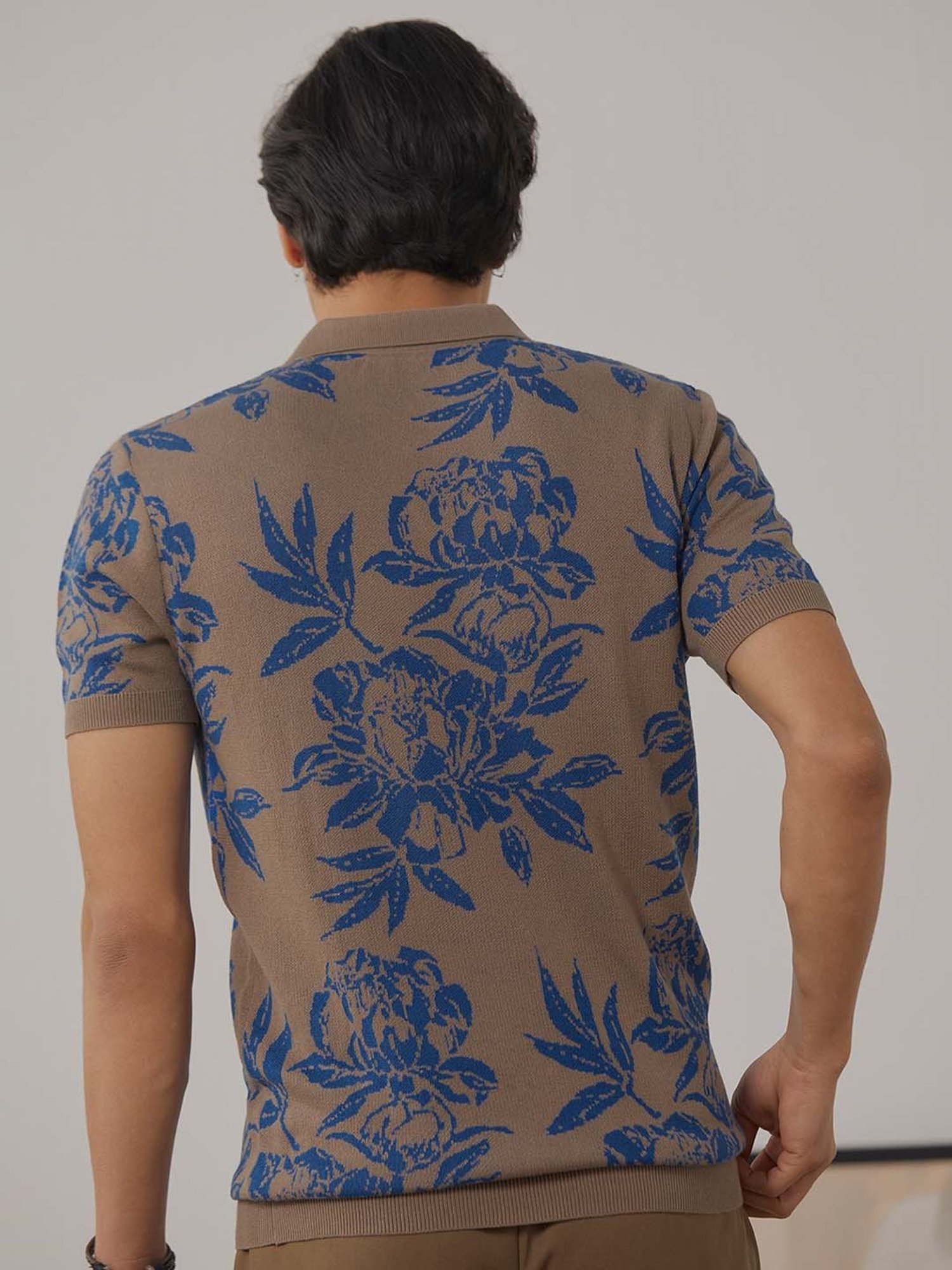 ANDAMEN Brown Regular Fit Printed Cotton Polo T-Shirt