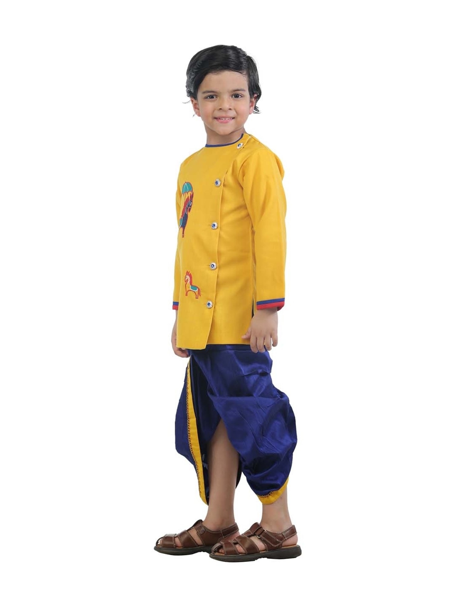 Ahhaaaa Kids Yellow & Blue Cotton Embroidered Kurta Set