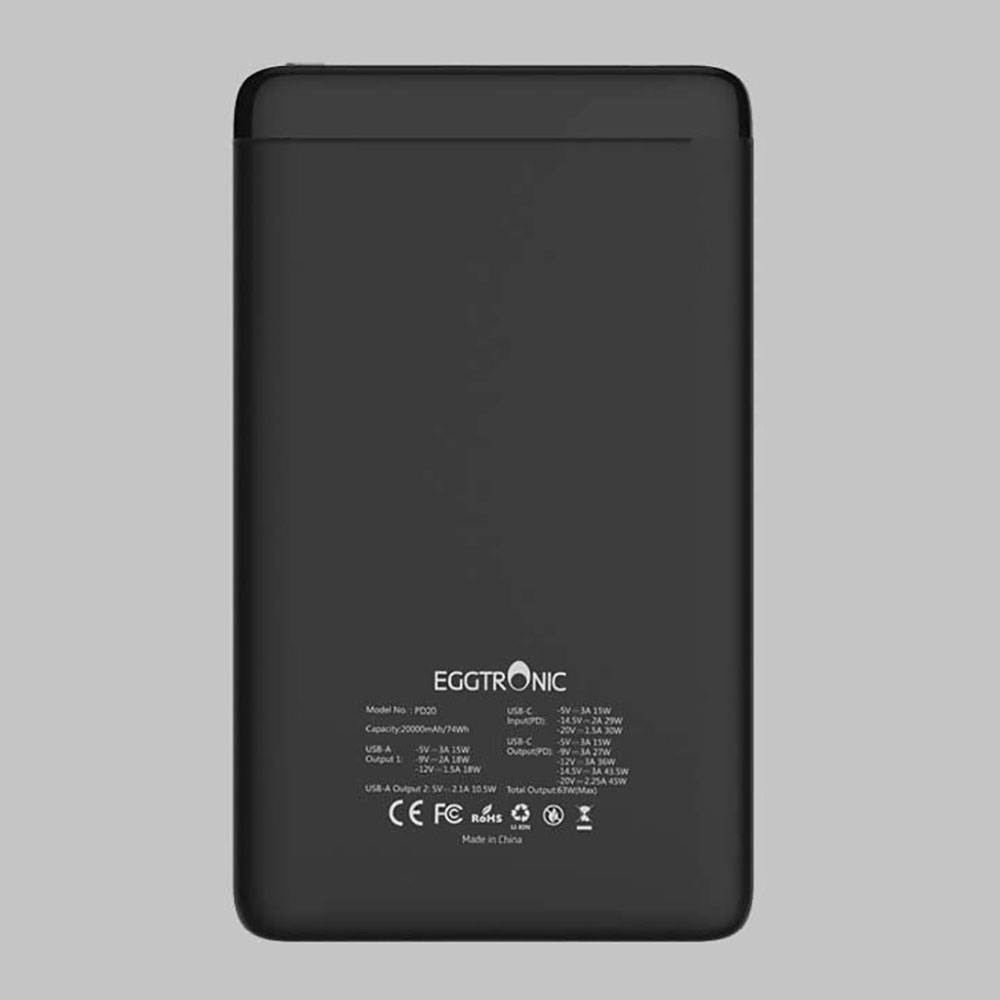 Einova by Eggtronic Laptop Power Bank | Ultra-Fast 20000mAh Slim Battery Pack w/ USB C + USB A, 63W Total Output | Charge 3 Devices at once, iPhone, Samsung, Tablets, 3ft USB-C Included (Soft Touch)