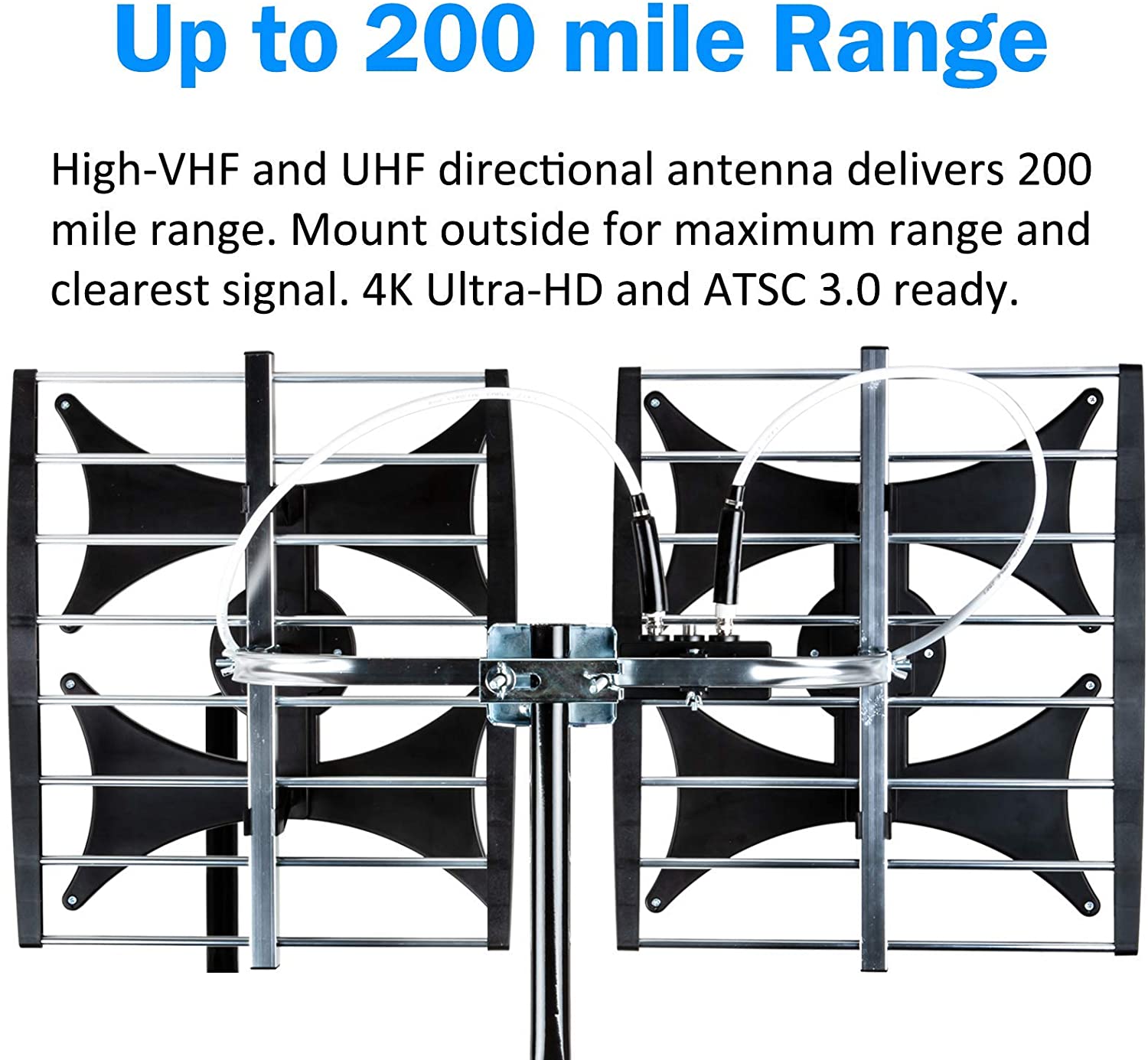 [Newest 2021] Five Star Multi-Directional 4V HDTV Amplified Antenna - up to 200 Mile Range, UHF/VHF, Indoor, Attic, Outdoor, 4K Ready 1080P FM Radio w/ 40ft RG6 coaxial Cable, Mounting Pole, kit