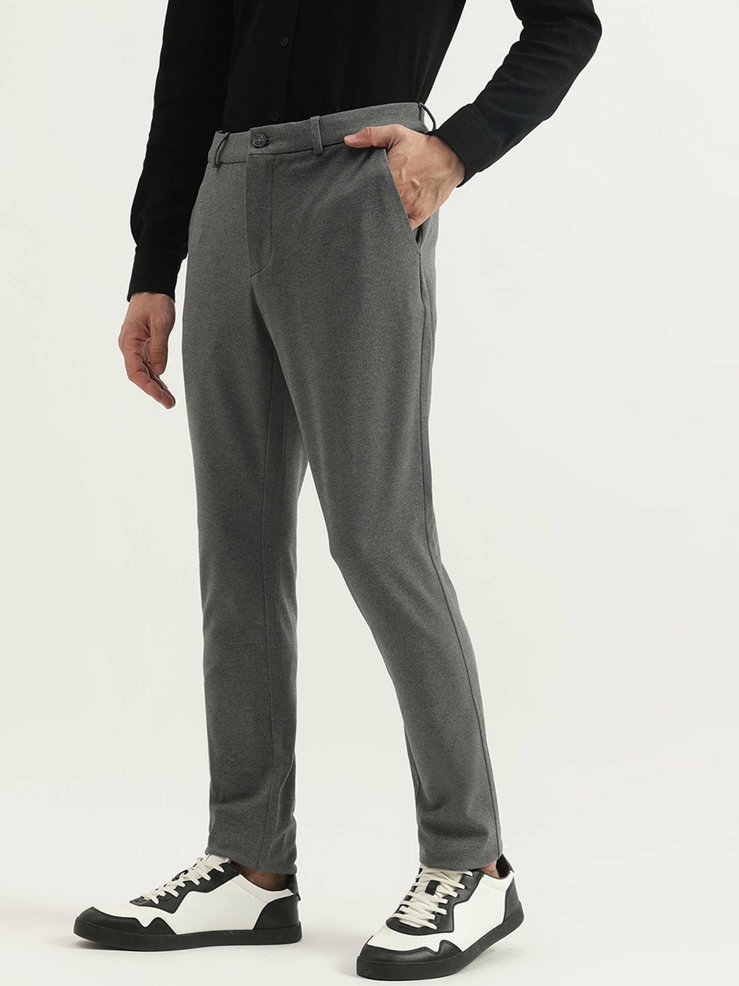 United Colors of Benetton Grey Polyester Viscose Blend Slim Textured Chinos