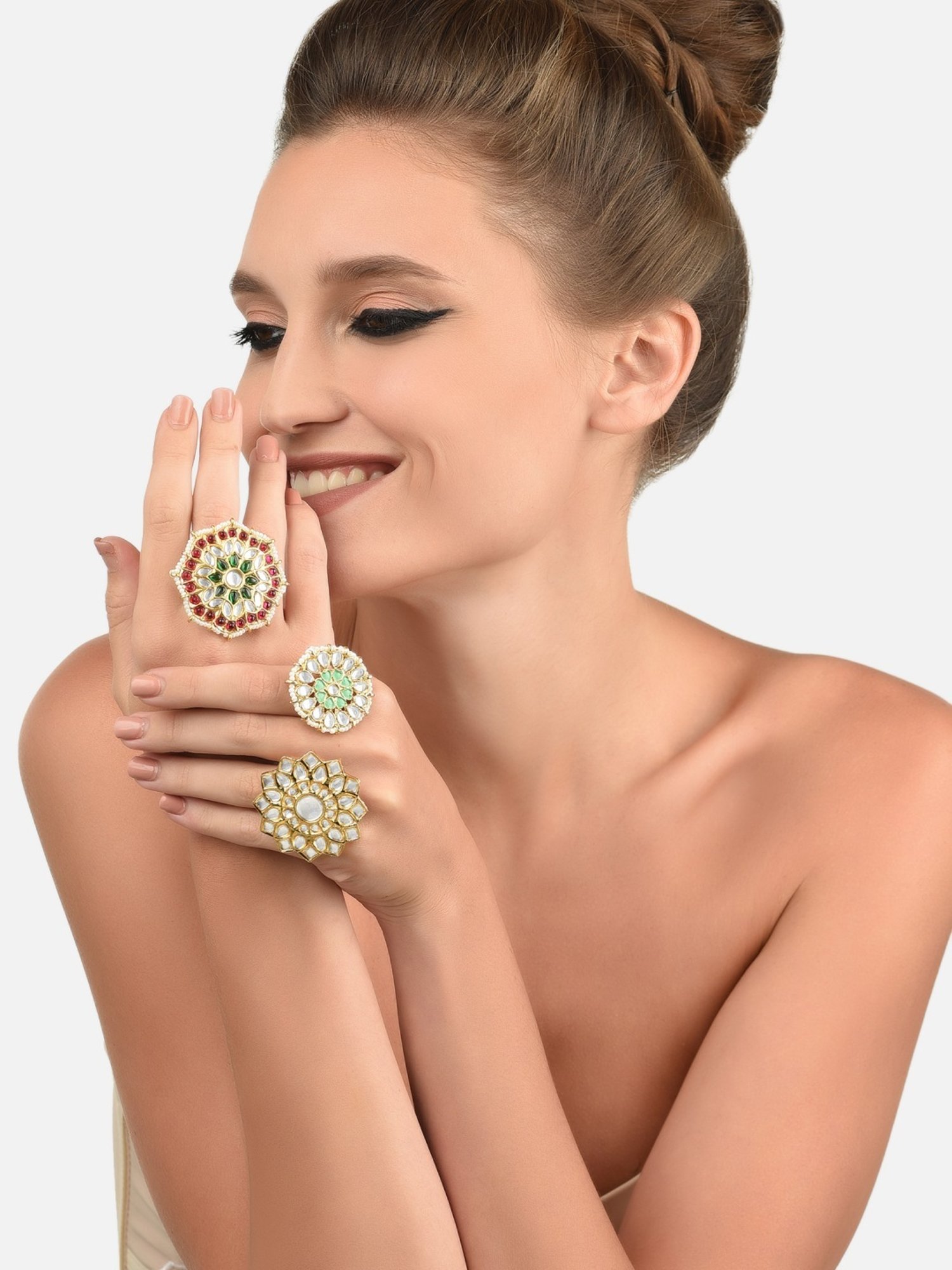 Zaveri Pearls Multicolor Set Of 3 Wedding Collection Adjustable Finger Rings-ZPFK11485