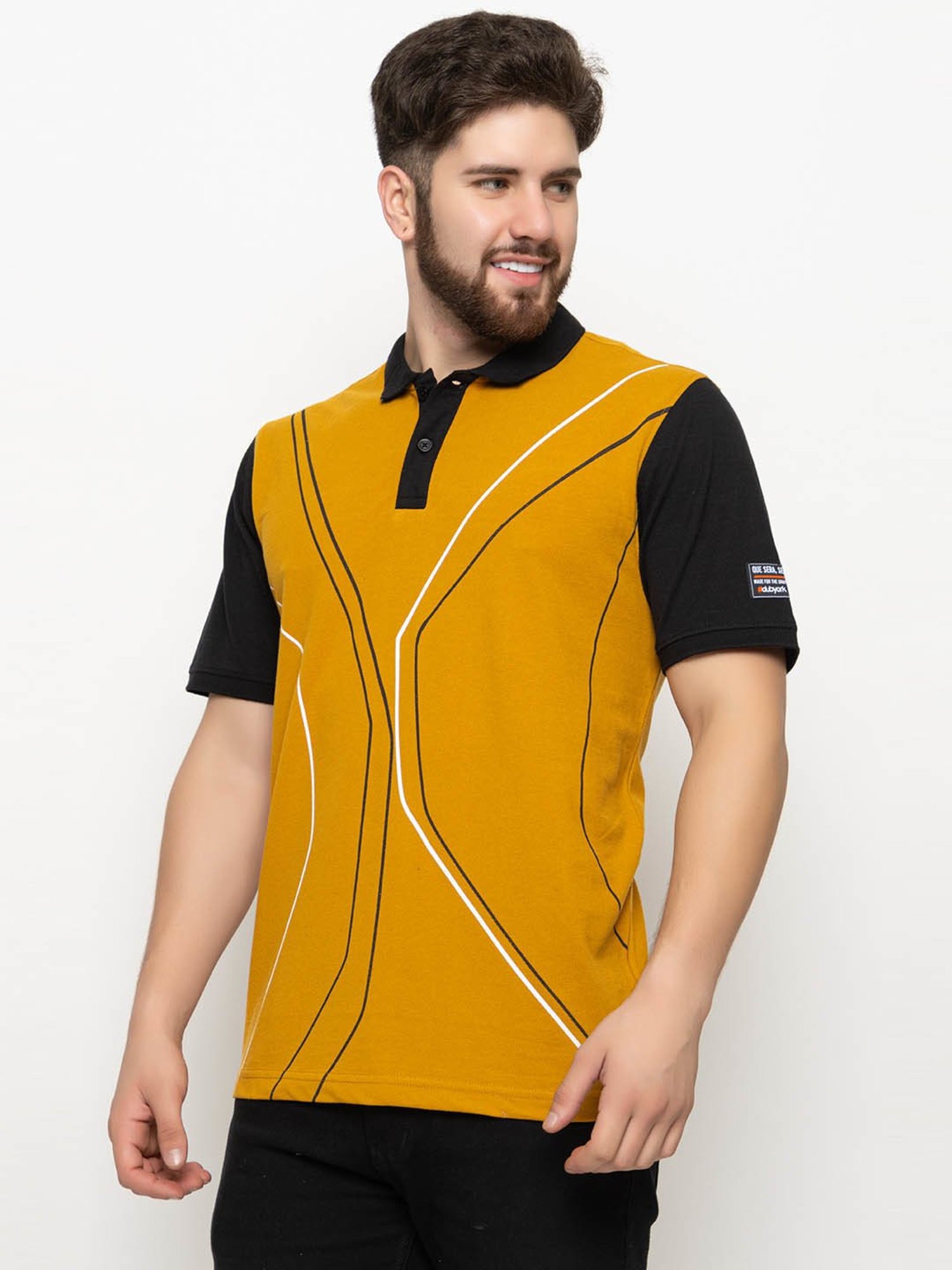 Club York Mustard & Black Regular Fit Printed Polo T-Shirt