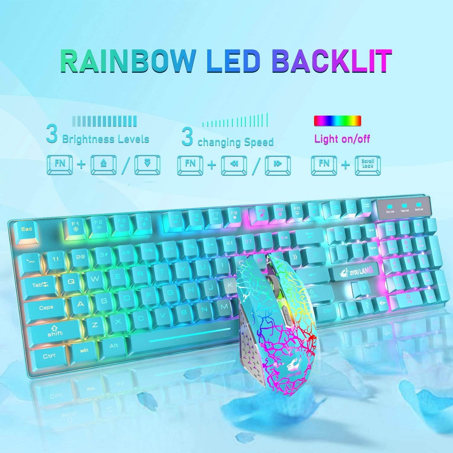 Wireless Gaming Keyboard and Mouse Combo Ranibow LED Backlit Rechargeable 4000mAh Battery Mechanical Feeling Waterproof Dustproof 7 Color Backlit Mute Mice for Computer Mac Gamer (Blue & Ranibow)