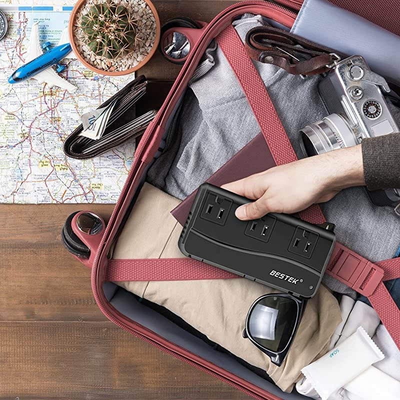 200W Power Converter 3Outlet and 4Port USB Travel Voltage Transformer 220V to 110V with Type GDMAUUS Travel Plug Adapters